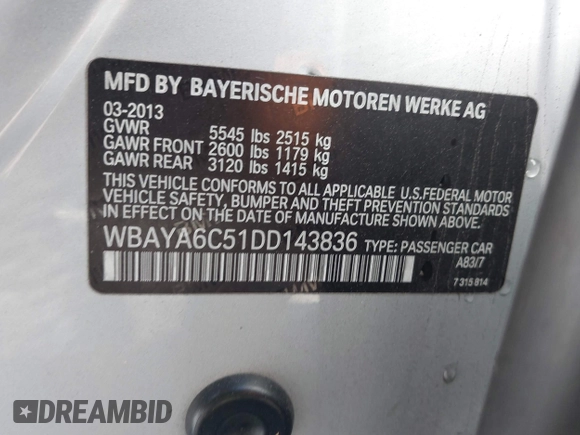 2013 BMW 7 Series 740i with VIN WBAYA6C51DD143836, listed as a IAAI auction lot 39215782 with 176,881 mi miles and . Bid and sale history available at DreamBid. Image 9.