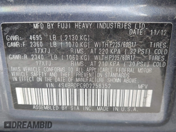2013 Subaru Outback Limited с VIN 4S4BRDPC9D2258352, выставлен на аукционе IAAI как лот 42797044 с пробегом 202 491 миль миль и . История ставок и продаж доступна на DreamBid. Изображение 9.
