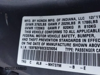 2012 Honda Civic EX with VIN 19XFB2F80CE029054, listed as a IAAI auction lot 41757491 with 170,562 mi miles and . Bid and sale history available at DreamBid. Image 9.