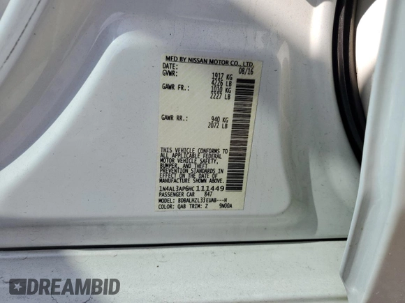 2017 Nissan Altima SR with VIN 1N4AL3AP6HC111449, listed as a Copart auction lot 54421185 with 92,830 mi miles and Non Repairable. Bid and sale history available at DreamBid. Image 13.