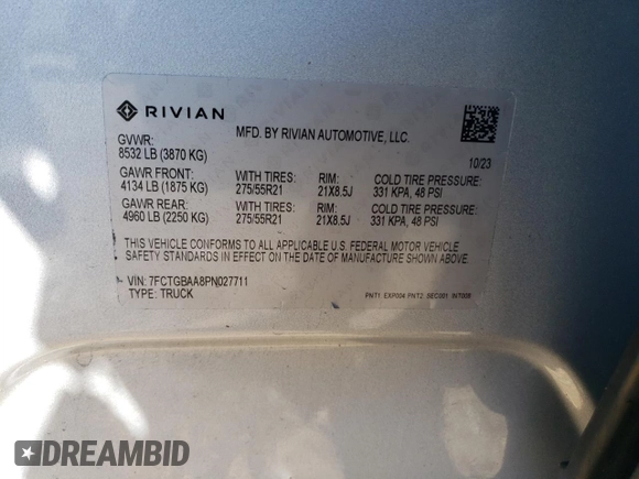 2023 Rivian R1T Adventure with VIN 7FCTGBAA8PN027711, listed as a Copart auction lot 49449155 with 16,031 mi miles and Salvage Title. Bid and sale history available at carsss.com. Image 12.