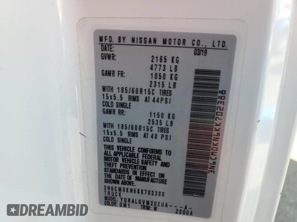 2019 Nissan NV200 Compact Cargo S with VIN 3N6CM0KN6KK702388, listed as a Copart auction lot 52674705 with 226,841 mi miles and Salvage Title. Bid and sale history available at carsss.com. Image 13.