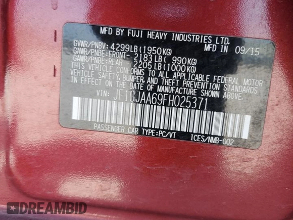 2015 Subaru Impreza z VIN JF1GJAA69FH025371, wystawiony jako Copart lot #58779265 z przebiegiem 61 396 mil mil oraz Szkoda całkowita • Salvage title. Historia ofert i sprzedaży dostępna na DreamBid. Obrazek 13.