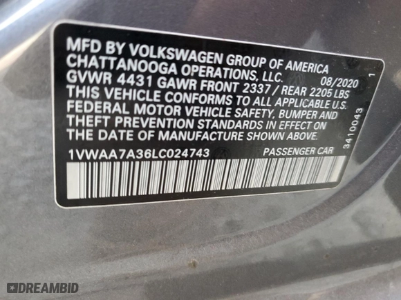 2020 Volkswagen Passat 2.0T S with VIN 1VWAA7A36LC024743, listed as a Copart auction lot 85440824 with 0 mi miles and Salvage Title. Bid and sale history available at carsss.com. Image 13.