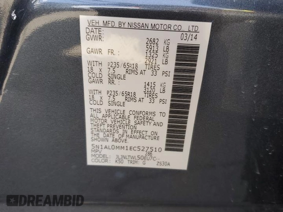 2014 Infiniti QX60 with VIN 5N1AL0MM1EC527510, listed as a Copart auction lot 51605645 with 146,933 mi miles and Salvage Title. Bid and sale history available at carsss.com. Image 14.