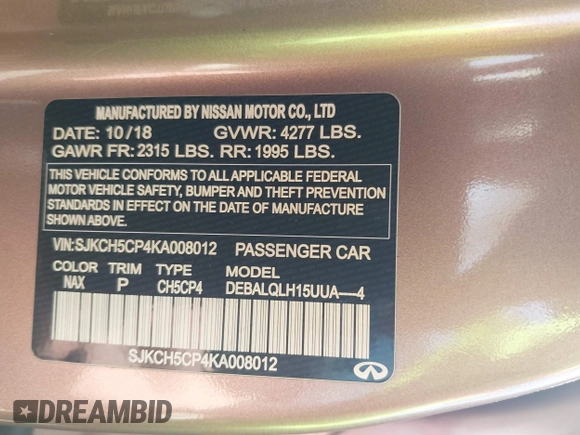 2019 Infiniti QX30 Luxe с VIN SJKCH5CP4KA008012, выставлен на аукционе IAAI как лот 42293620 с пробегом 94 053 миль миль и . История ставок и продаж доступна на DreamBid. Изображение 9.