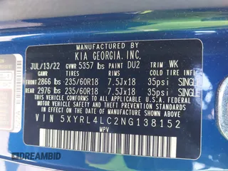 2022 Kia Sorento S with VIN 5XYRL4LC2NG138152, listed as a IAAI auction lot 42055032 with 53,298 mi miles and . Bid and sale history available at DreamBid. Image 9.