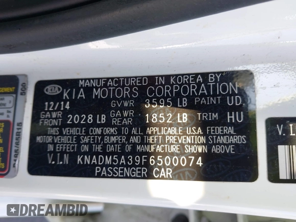 2015 Kia Rio LX with VIN KNADM5A39F6500074, listed as a IAAI auction lot 41871224 with 126,209 mi miles. Bid and sale history available at carsss.com. Image 9.