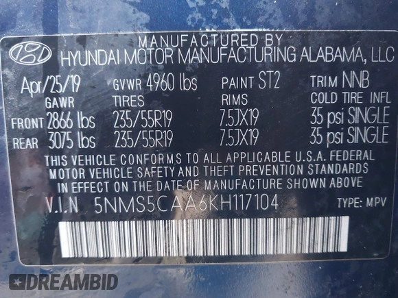 2019 Hyundai Santa Fe Ultimate with VIN 5NMS5CAA6KH117104, listed as a IAAI auction lot 41639157 with 75,507 mi miles and . Bid and sale history available at DreamBid. Image 9.