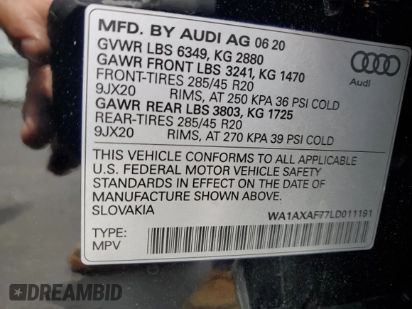 2020 Audi Q7 Premium z VIN WA1AXAF77LD011191, wystawiony jako Copart lot #59486735 z przebiegiem 46 783 mil mil oraz Nie do naprawy • Non repairable. Historia ofert i sprzedaży dostępna na DreamBid. Obrazek 13.