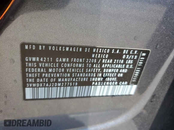 2013 Volkswagen Jetta SE с VIN 3VWDX7AJ2DM277519, выставлен на аукционе Copart как лот 55240695 с пробегом 161 607 миль миль и Списание • Salvage title. История ставок и продаж доступна на DreamBid. Изображение 12.