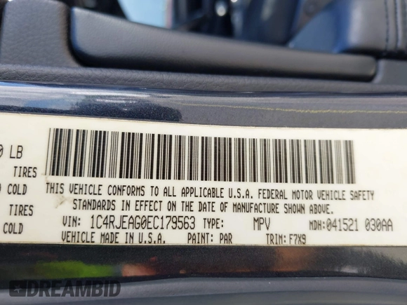 2014 Jeep Grand Cherokee Laredo with VIN 1C4RJEAG0EC179563, listed as a IAAI auction lot 39799427 with 209,169 mi miles and . Bid and sale history available at DreamBid. Image 9.