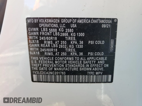 2022 Volkswagen Atlas SE с VIN 1V2LC2CA2NC201763, выставлен на аукционе Copart как лот 56089574 с пробегом 43 879 миль миль и Списание • Salvage title. История ставок и продаж доступна на DreamBid. Изображение 12.