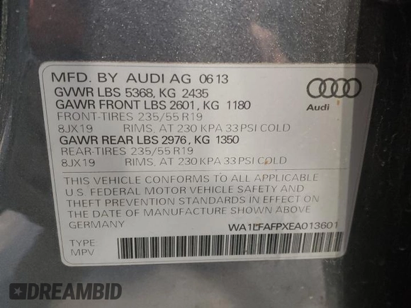 2014 Audi Q5 Premium Plus with VIN WA1LFAFPXEA013601, listed as a Copart auction lot 42926405 with 0 mi miles and Salvage Title. Bid and sale history available at carsss.com. Image 13.