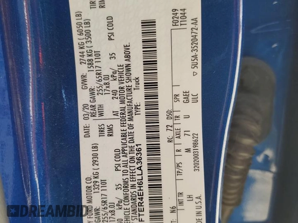 2020 Ford Ranger XL with VIN 1FTER4EH6LLA36361, listed as a Copart auction lot 52918685 with 76,344 mi miles and Salvage title. Bid and sale history available at DreamBid. Image 14.