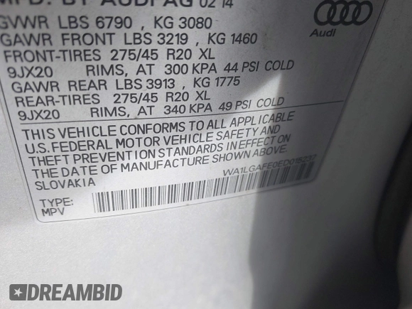 2014 Audi Q7 3.0T Premium Plus with VIN WA1LGAFE0ED015237, listed as a IAAI auction lot 41671129 with 114,410 mi miles. Bid and sale history available at carsss.com. Image 9.