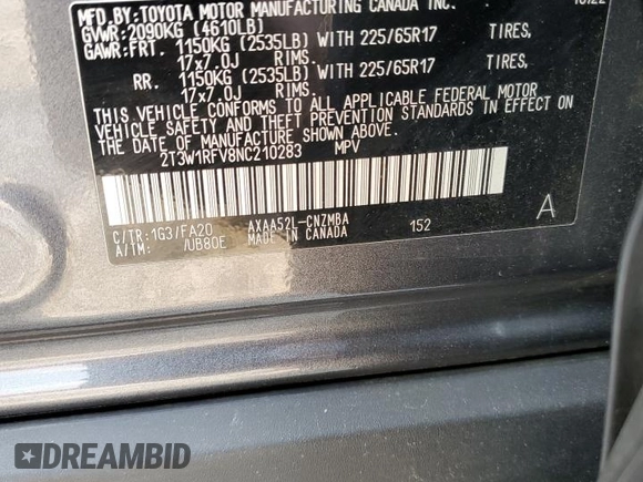 2022 Toyota RAV4 XLE with VIN 2T3W1RFV8NC210283, listed as a Copart auction lot 58776455 with 39,681 mi miles and Salvage title. Bid and sale history available at DreamBid. Image 13.