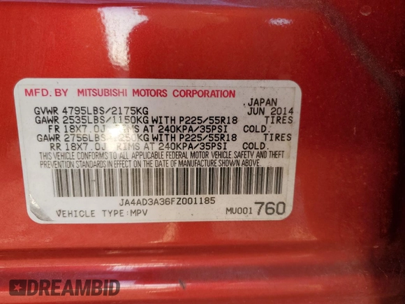 2015 Mitsubishi Outlander SE с VIN JA4AD3A36FZ001185, выставлен на аукционе Copart как лот 51964015 с пробегом Не указан миль и Списание • Salvage title. История ставок и продаж доступна на DreamBid. Изображение 15.