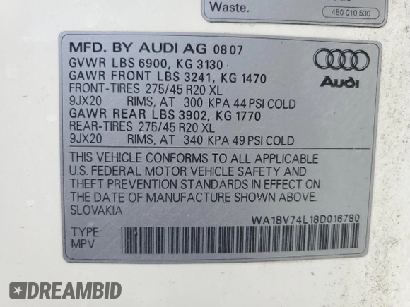 2008 Audi Q7 4.2L Premium with VIN WA1BV74L18D016780, listed as a Copart auction lot 70465544 with 186,904 mi miles and Clean Title. Bid and sale history available at carsss.com. Image 12.