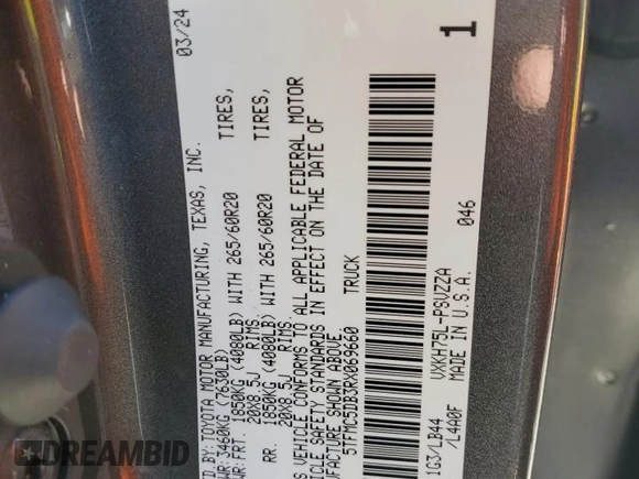2024 Toyota Tundra 1794 Edition with VIN 5TFMC5DB3RX069660, listed as a Copart auction lot 84489974 with 3,998 mi miles and Salvage title. Bid and sale history available at DreamBid. Image 12.
