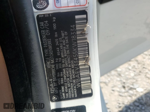 2005 BMW 3 Series 325i z VIN WBAEV33455KW18334, wystawiony jako Copart lot #57712465 z przebiegiem 157 576 mil mil oraz Szkoda całkowita • Salvage title. Historia ofert i sprzedaży dostępna na DreamBid. Obrazek 12.
