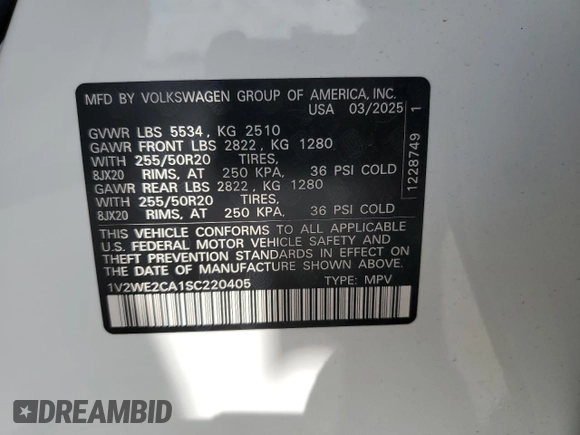 2025 Volkswagen Atlas SE with VIN 1V2WE2CA1SC220405, listed as a Copart auction lot 61621145 with 4,206 mi miles and Salvage title. Bid and sale history available at DreamBid. Image 14.