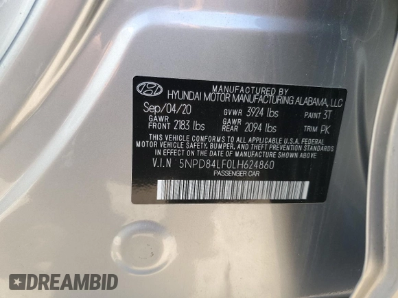 2020 Hyundai Elantra SEL with VIN 5NPD84LF0LH624860, listed as a Copart auction lot 52351165 with 65,460 mi miles and Salvage Title. Bid and sale history available at DreamBid. Image 12.