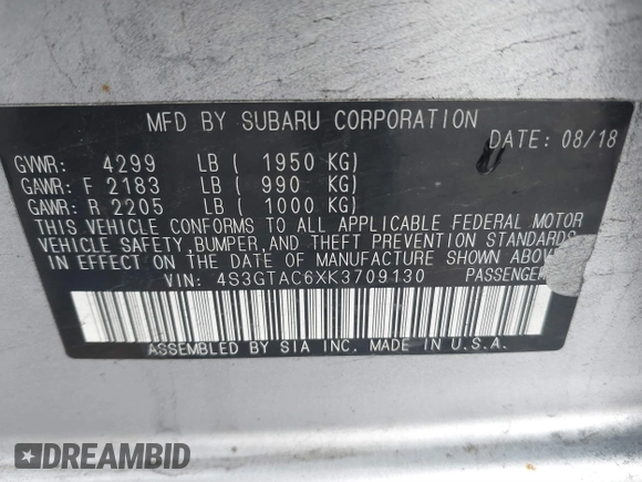 2019 Subaru Impreza Premium with VIN 4S3GTAC6XK3709130, listed as a IAAI auction lot 41072308 with 39,162 mi miles and . Bid and sale history available at DreamBid. Image 9.