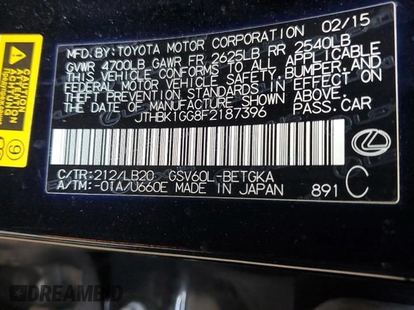 2015 Lexus ES 330 with VIN JTHBK1GG8F2187396, listed as a Copart auction lot 62345365 with 116,319 mi miles and Salvage title. Bid and sale history available at DreamBid. Image 13.