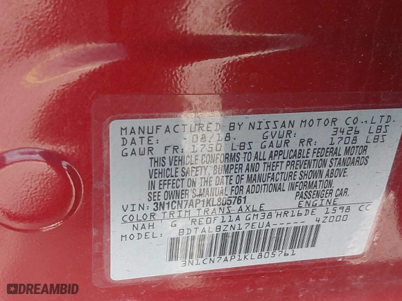2019 Nissan Versa Sedan SV with VIN 3N1CN7AP1KL805761, listed as a IAAI auction lot 41343460 with 80,047 mi miles. Bid and sale history available at carsss.com. Image 9.