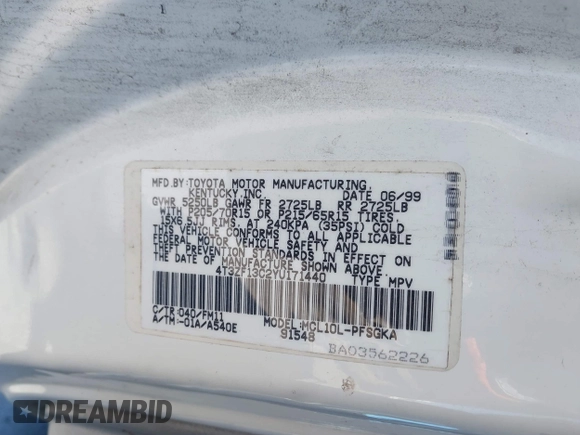 2000 Toyota Sienna LE with VIN 4T3ZF13C2YU171440, listed as a IAAI auction lot 42045373 with Not Provided miles and . Bid and sale history available at DreamBid. Image 9.