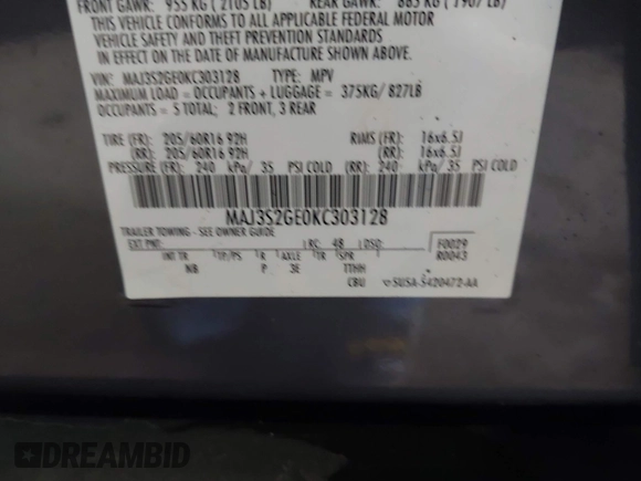 2019 Ford EcoSport SE с VIN MAJ3S2GE0KC303128, выставлен на аукционе IAAI как лот 42123241 с пробегом 51 614 миль миль и . История ставок и продаж доступна на DreamBid. Изображение 9.