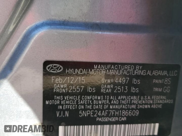 2015 Hyundai Sonata 2.4L SE with VIN 5NPE24AF7FH186609, listed as a Copart auction lot 46328055 with Not Provided miles and Salvage Title. Bid and sale history available at carsss.com. Image 12.