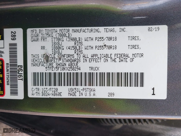 2019 Toyota Tundra 2WD SR5 with VIN 5TFEY5F10KX250294, listed as a IAAI auction lot 41917558 with 133,387 mi miles. Bid and sale history available at carsss.com. Image 9.
