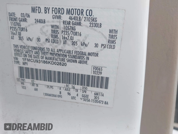 2006 Ford Escape XLT with VIN 1FMCU93186KD02820, listed as a IAAI auction lot 42434306 with 204,152 mi miles and . Bid and sale history available at DreamBid. Image 9.