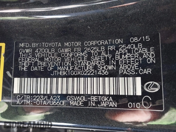 2016 Lexus ES 330 with VIN JTHBK1GGXG2221436, listed as a IAAI auction lot 41784704 with 139,948 mi miles and . Bid and sale history available at DreamBid. Image 9.