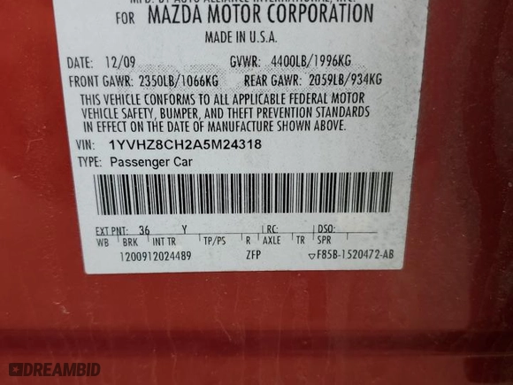 2010 Mazda Mazda6 i Touring Plus with VIN 1YVHZ8CH2A5M24318, listed as a Copart auction lot 51320885 with 158,059 mi miles and Salvage Title. Bid and sale history available at carsss.com. Image 12.