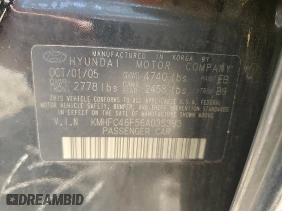 2006 Hyundai Azera SE z VIN KMHFC46F56A035393, wystawiony jako Copart lot #63339195 z przebiegiem Nie podano mil oraz Szkoda całkowita • Salvage title. Historia ofert i sprzedaży dostępna na DreamBid. Obrazek 12.