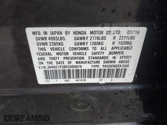2015 Acura RLX Technology with VIN JH4KC1F58FC000679, listed as a IAAI auction lot 41790509 with 132,569 mi miles and . Bid and sale history available at DreamBid. Image 9.