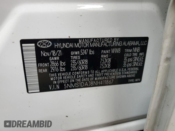 2022 Hyundai Santa Fe SE with VIN 5NMS1DAJ8NH411867, listed as a Copart auction lot 82847474 with 29,518 mi miles and Salvage Title. Bid and sale history available at DreamBid. Image 13.