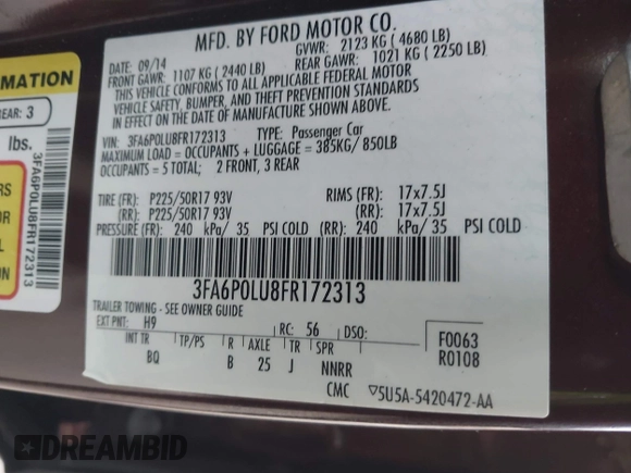 2015 Ford Fusion SE Hybrid with VIN 3FA6P0LU8FR172313, listed as a IAAI auction lot 41556556 with 152,567 mi miles. Bid and sale history available at carsss.com. Image 9.