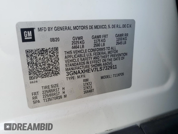 2020 Chevrolet Equinox LS z VIN 3GNAXHEV7LS732911, wystawiony jako Copart lot #59150135 z przebiegiem 111 282 mil mil oraz Nie do naprawy • Non repairable. Historia ofert i sprzedaży dostępna na DreamBid. Obrazek 13.