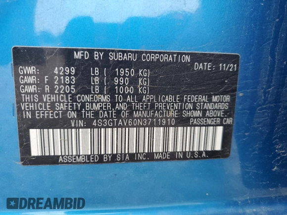 2022 Subaru Impreza Premium with VIN 4S3GTAV60N3711910, listed as a Copart auction lot 60787035 with 58,828 mi miles and Salvage title. Bid and sale history available at DreamBid. Image 12.
