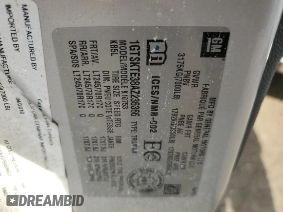 2010 GMC Sierra 1500 with VIN 1GTSKTE38AZ236366, listed as a Copart auction lot 49142155 with 199,147 mi miles and Salvage Title. Bid and sale history available at DreamBid. Image 12.