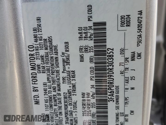 2013 Ford Fusion Titanium Hybrid with VIN 3FA6P0RU9DR303852, listed as a Copart auction lot 50652425 with 98,504 mi miles and Salvage Title. Bid and sale history available at DreamBid. Image 14.