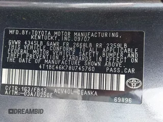 2008 Toyota Camry LE with VIN 4T1BE46K78U745760, listed as a IAAI auction lot 42262349 with 174,469 mi miles and . Bid and sale history available at DreamBid. Image 9.