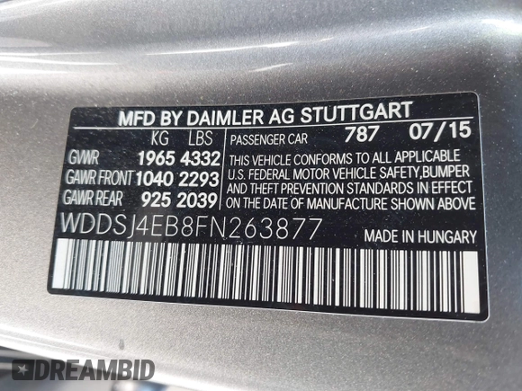 2015 Mercedes-Benz CLA 250 with VIN WDDSJ4EB8FN263877, listed as a IAAI auction lot 41870012 with 82,369 mi miles and . Bid and sale history available at DreamBid. Image 9.