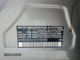 2003 Mercedes-Benz E 320 z VIN WDBUF65J63A194440, wystawiony jako Copart lot #57824905 z przebiegiem Nie podano mil oraz Szkoda całkowita • Salvage title. Historia ofert i sprzedaży dostępna na DreamBid. Obrazek 12.