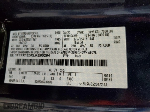 2020 Ford F-150 XL with VIN 1FTFX1E5XLKE65264, listed as a Copart auction lot 45580185 with 9,889 mi miles and Salvage Title. Bid and sale history available at carsss.com. Image 12.