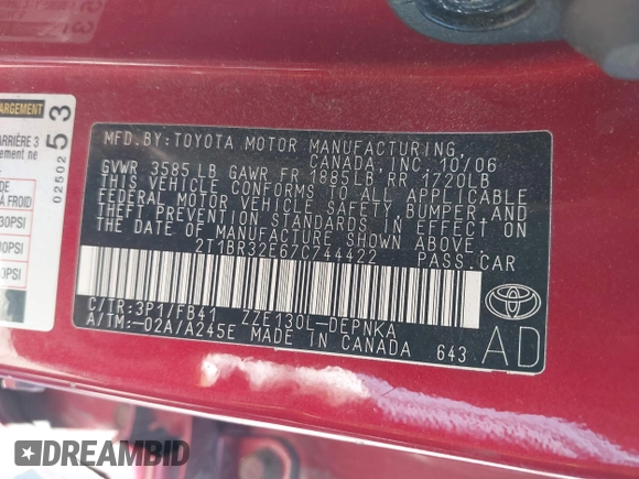 2007 Toyota Corolla CE with VIN 2T1BR32E67C744422, listed as a IAAI auction lot 42243033 with 214,044 mi miles and . Bid and sale history available at DreamBid. Image 9.